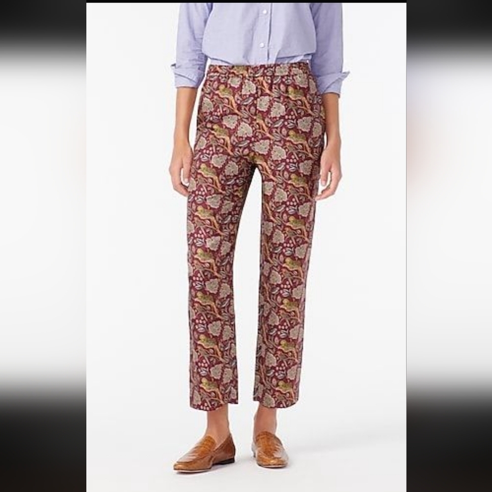 J. Crew Burgundy and Gold 100% Silk Floral And Tiger Trousers_4
